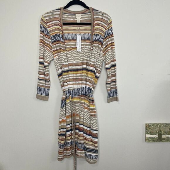 NWT Chico’s Striped Long Cardigan Open Front Cotton Blend Tie Waist Size 1 (M) - Picture 3 of 7